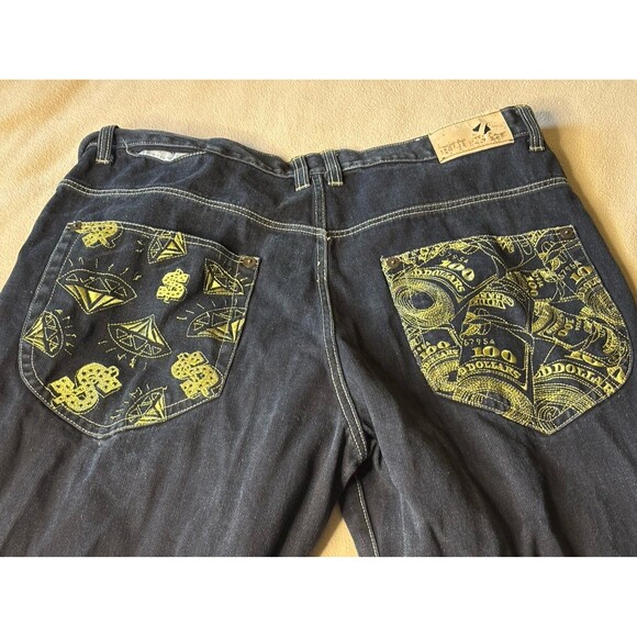 Raw Blue Denim Jeans Money Diamonds Graphic Embroidered Pockets Mens Size 42x34 - Picture 7 of 11
